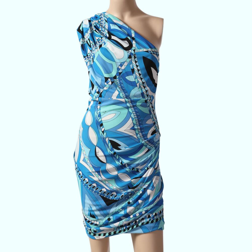 EMILIO PUCCI Blue, White, Turquoise Vintage One Shoulder Printed Dress